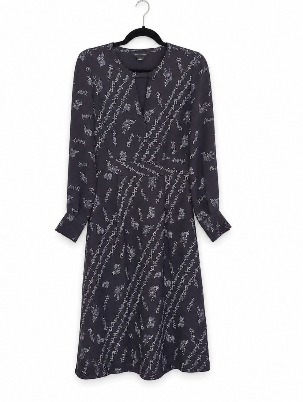 Club Monaco Women's Black Floral Faux Wrap Midi Long-Sleeve Dress Size 2
